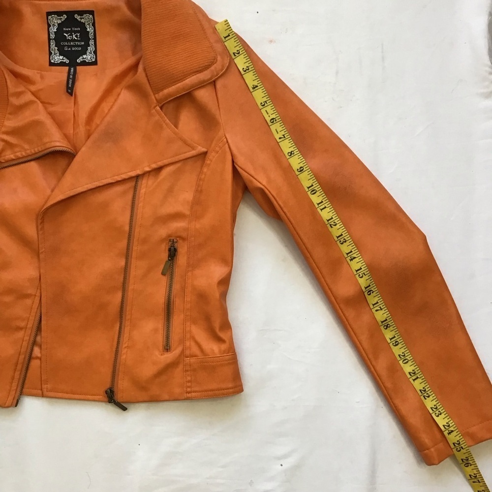 YOKI COLLECTION WOMEN ELEGANT VIBRANT ORANGE FAUX LEATHER COLLAR MOTO JACKET M - Picture 8 of 10